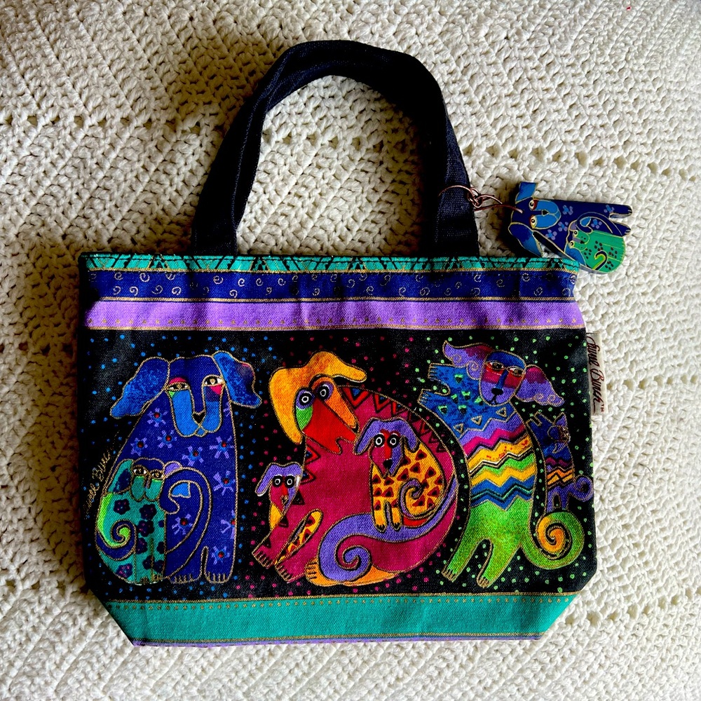 NWOT Laurel Burch Dog & Doggies Small Tote Bag Purse Zipper Close Cotton Canvas